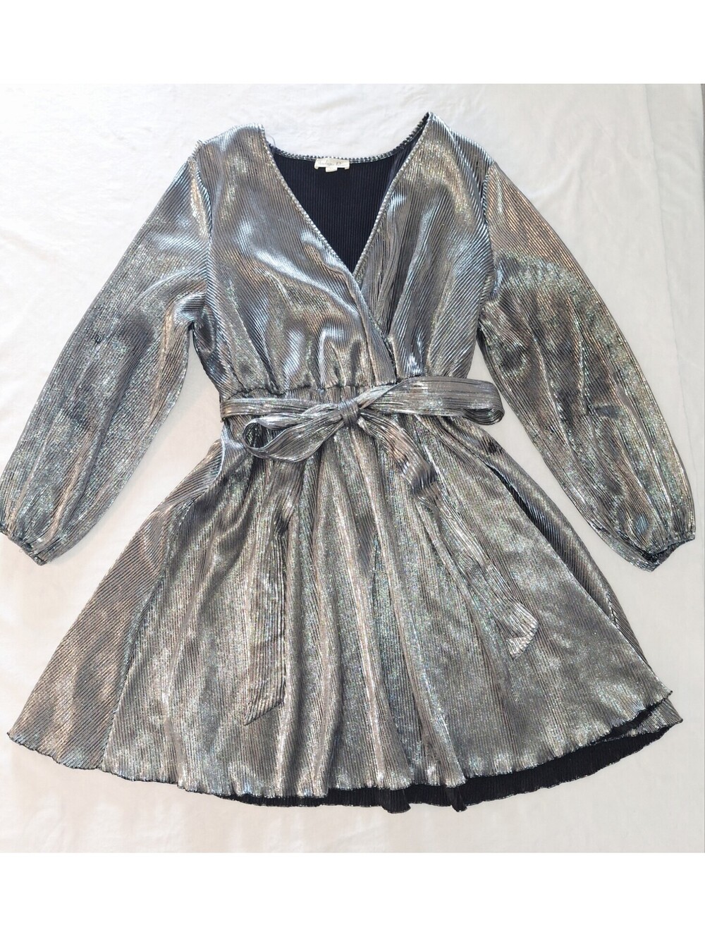 Indigo Rose Mini Dress Metallic Silver Belted Balloon Sleeve Women's 3X